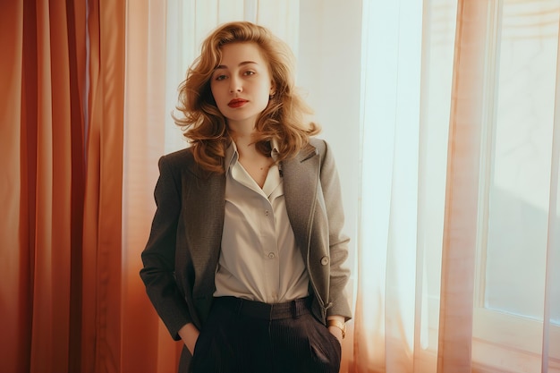 American beautiful woman dressed in business clothes of the 90s an office worker in the 90s Nostal