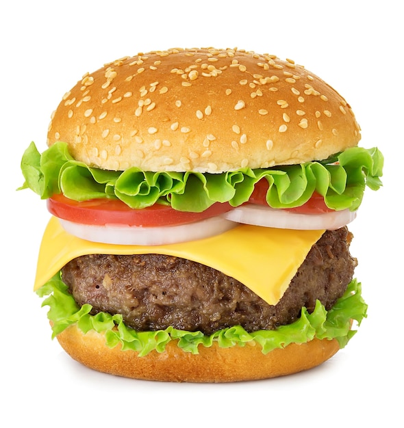백색 배경에 고립 된 큰 맛있는 미국 고전 햄버거