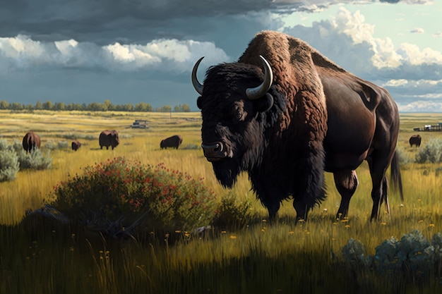 American bison in the prairie Created with generative AI technology