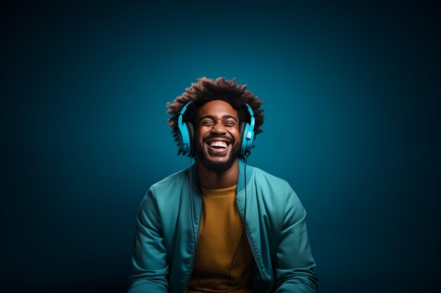 American black man smiling with headphones enjoying music