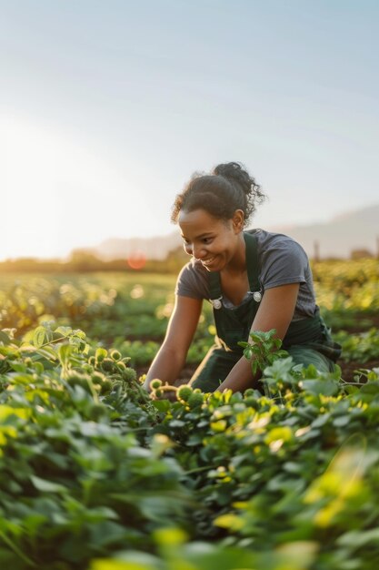 Photo american black woman farmer working in a field