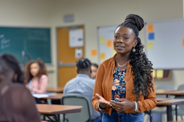 Photo american black woman teacher leading classroom discussion