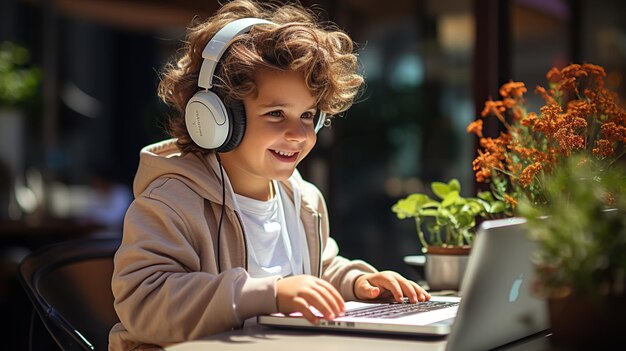 american boy learning and using laptop while elearning at home