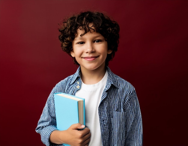色の背景の本を持ったアメリカ人の少年