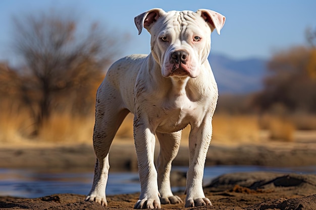 American Bulldog op een natuur close-up foto neutraal licht Ai generatieve kunst