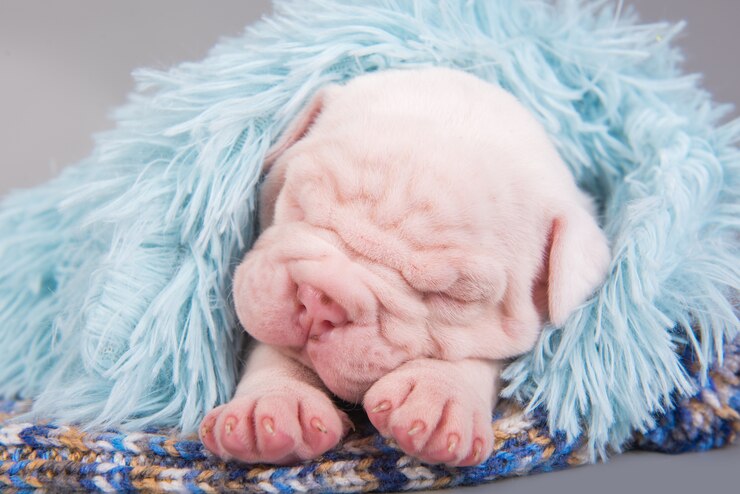 Photo アメリカンブルドッグの子犬の犬は灰色で寝ています