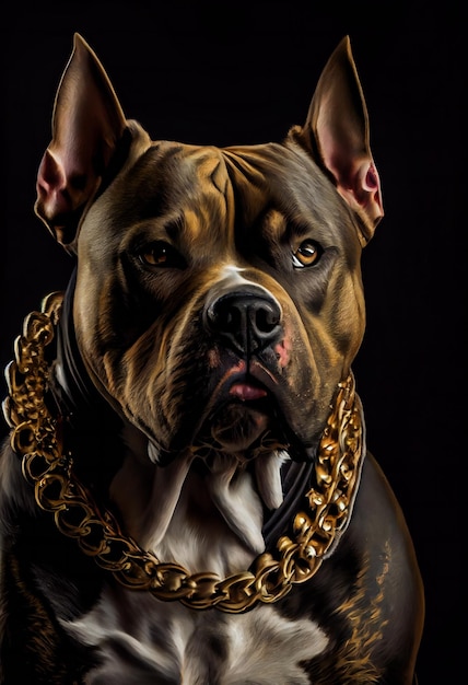 American Bully hond met gouden ketting op zwarte achtergrond Generatieve AIxA