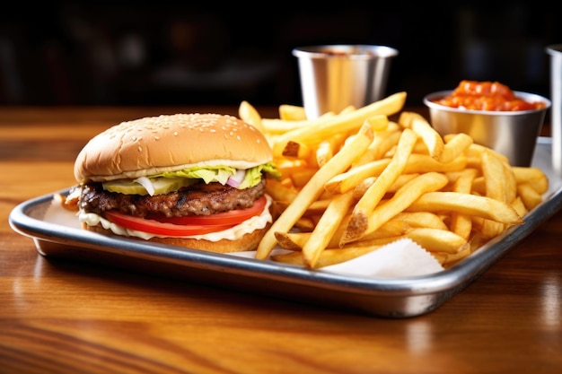 American burger with fries in a fast food tray