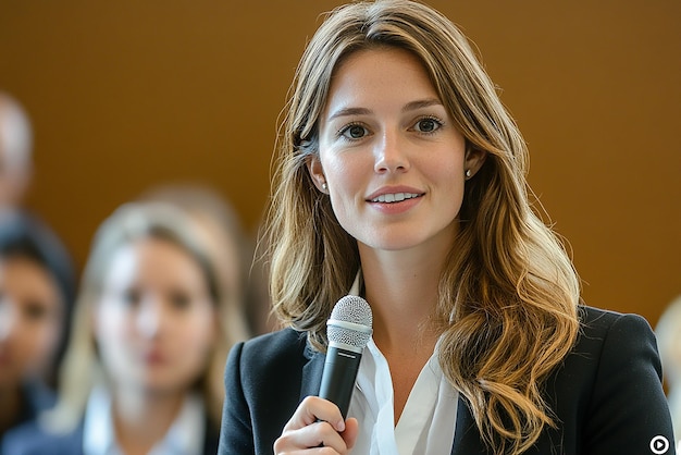 american businesswoman giving a presentation with microphone on hand