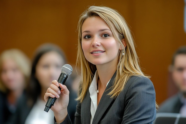american businesswoman giving a presentation with microphone on hand