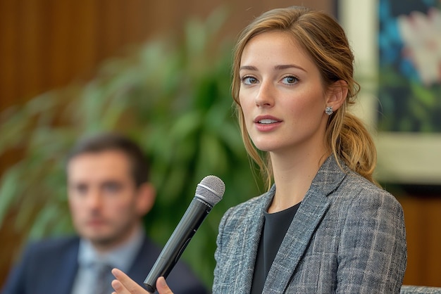 american businesswoman giving a presentation with microphone on hand