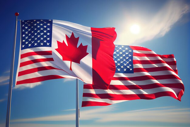 American and canadian flags over blue sky concept generative ai