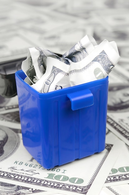 American cash notes are thrown into the trash bin on a multitude of hundred dollar bills