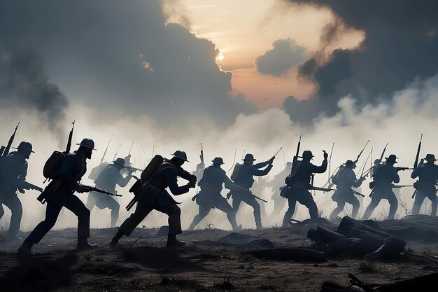 American Civil War Concept Militaire silhouetten vechtscene op oorlogsnevelhemel achtergrond