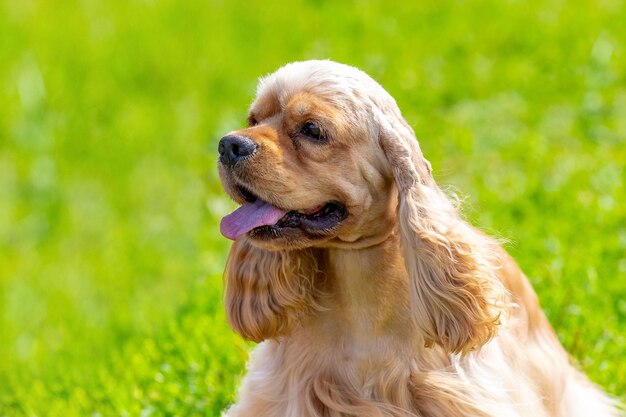 American Cocker Spaniel dog next to his mistress during a walk in the park