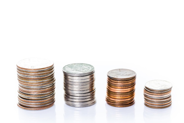 Photo american coins on a white backgreound.