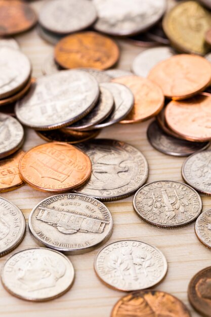 American coins on wood table