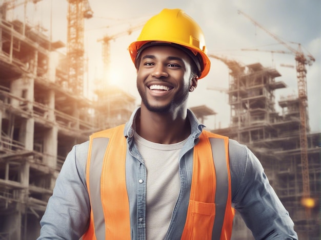 An American construction worker with a yellow hard hat and builder uniform