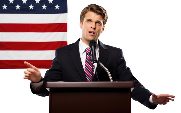 American Corporate Executive Delivering a Motivational Speech On White Background