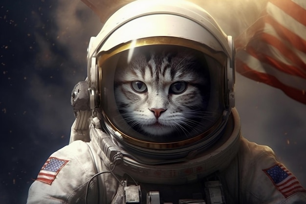 Американская кошка-космонавт в космическом костюме с американским флагом Генеративный ИИ