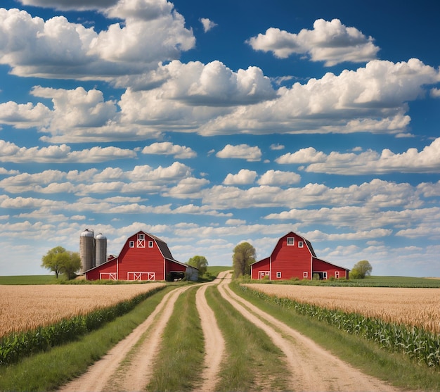 American country road with red barn and blue cloudy sky rural scene