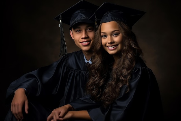 An American couple in black graduation hats and robes celebrates academic achievements and success