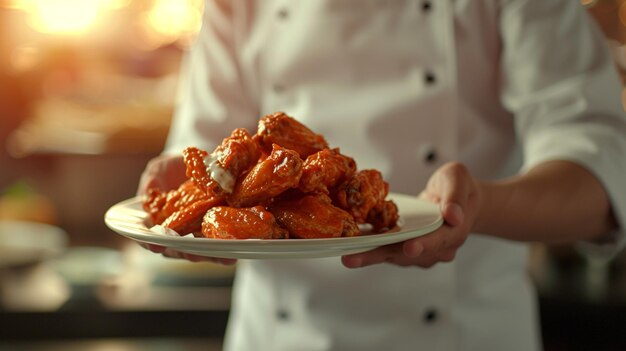 Photo a american cuisine buffalo wings waiter serving in motion on duty in restaurant the waiter carries dishes