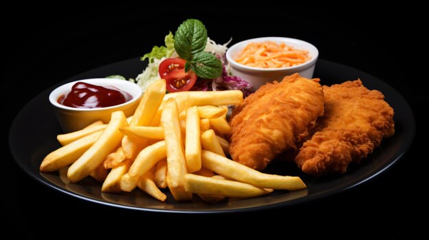 Photo american cuisinefrench fries chicken schnitzel cut