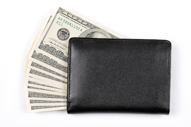 American dollars in the black wallet on a white background