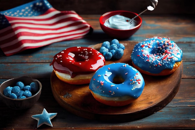 American donuts with glaze in colors of USA flag blue red white Generative Ai