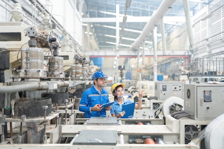 Photo american engineers and asian men and women consulting about work pointing finger to destination holding list note in plastic industry factory there is a working machine wear uniforms and helmets