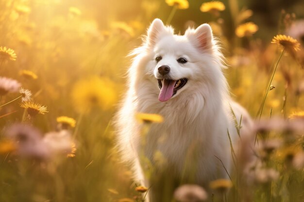 American eskimo dog sitting in meadow field surrounded by vibrant wildflowers and grass on sunny day ai generated