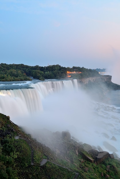 The American Falls from Niagara Falls closeup at dusk after sunset