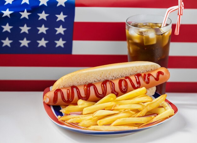 Foto concetto di fast food americano con hot dog con dietro la bandiera usa generativa ai