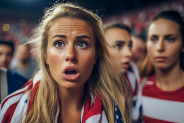 American female football soccer fans in a World Cup stadium supporting the national team