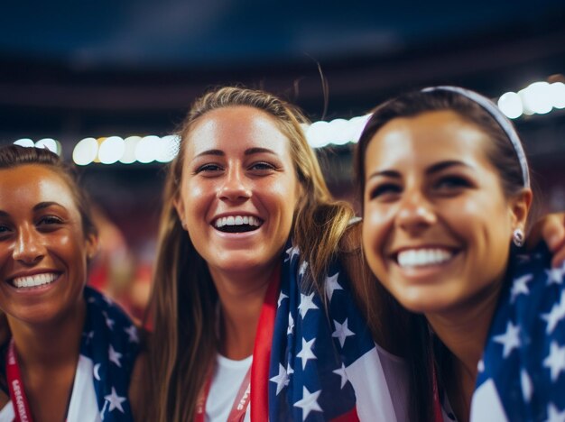 American female football soccer fans in a World Cup stadium supporting the national team