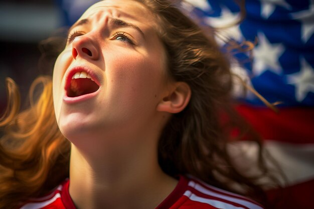 American female football soccer fans in a World Cup stadium supporting the national team