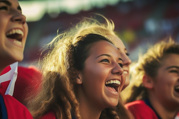 American female football soccer fans in a World Cup stadium supporting the national team