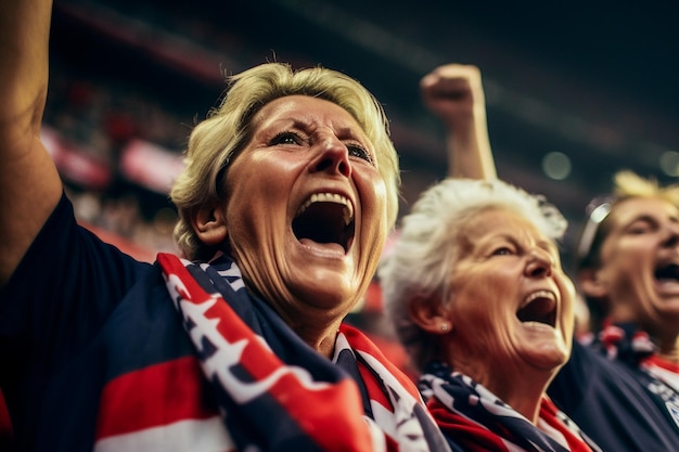 ワールドカップスタジアムで代表チームを応援するアメリカの女子フットボールのサッカーファン