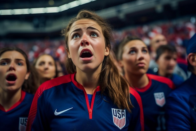 American female football soccer fans in a World Cup stadium supporting the national team