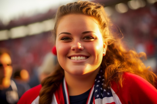 American female football soccer fans in a World Cup stadium supporting the national team