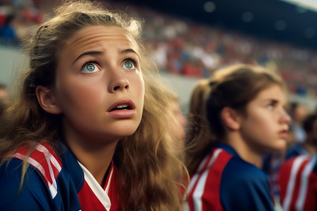 American female football soccer fans in a World Cup stadium supporting the national team