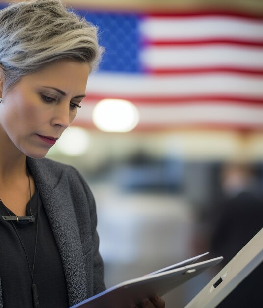 Photo american female voter in a polling station voting to decide the next president of the united states