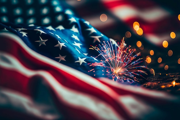 Photo american flag on background of fireworks generative ai