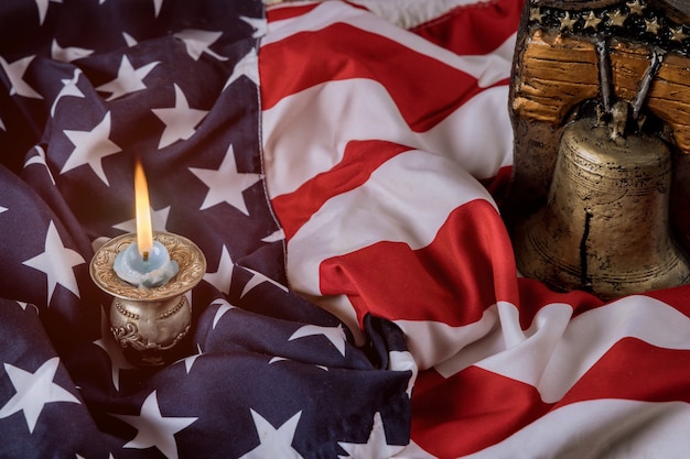 American flag background on Memorial day honor respect patriotic military US in Candle memory