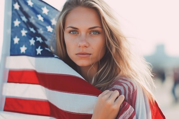 American flag background waving with beautiful woman ai generated