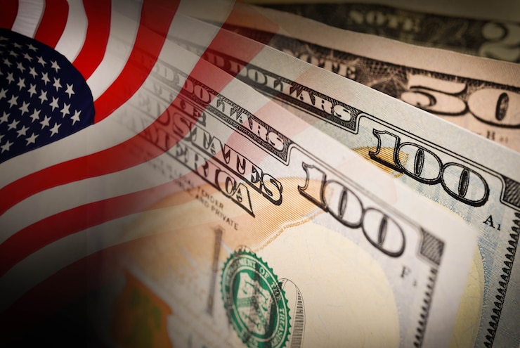Photo american flag and banknotes (usd) currency money background