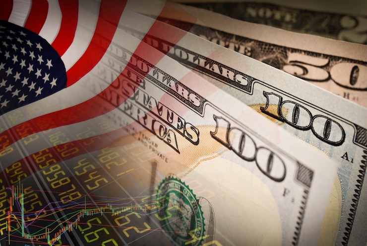Photo american flag and banknotes usd currency money on stock market chart background