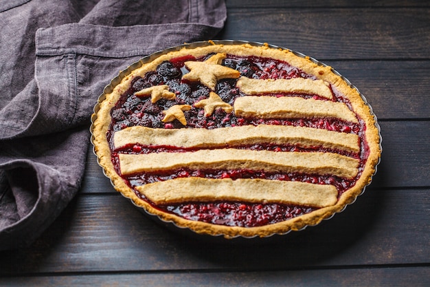 American flag berry pie, top view. Independence Day of America concept.