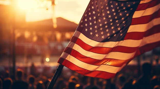 American flag at big political event sign of patriotism and support big audience copy space bokeh